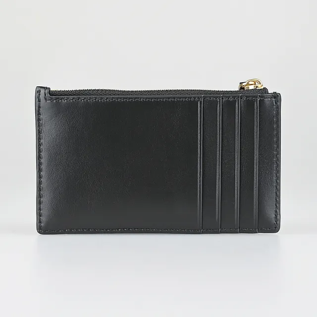 【TORY BURCH】TORY BURCH Kira立體古金字LOGO小牛皮菱格紋4卡拉鍊卡夾零錢包(黑)