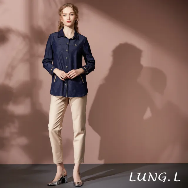 【LUNG.L 林佳樺】LT51A 藍色仿牛仔壓紋搭配織帶長版長袖女裝襯衫(秋冬新品 加大尺碼)