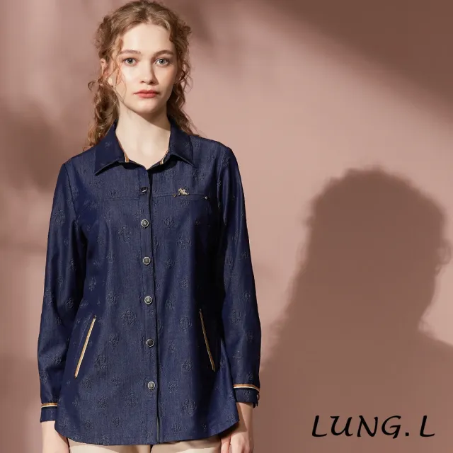 【LUNG.L 林佳樺】LT51A 藍色仿牛仔壓紋搭配織帶長版長袖女裝襯衫(秋冬新品 加大尺碼)