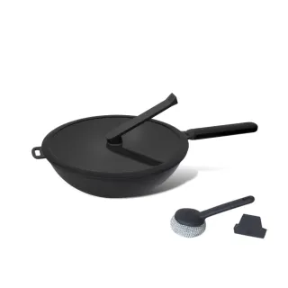 【WOKY 沃廚】恰恰鍋 炒鍋32cm-全配(含鍋蓋+集水鍋架+鍋刷；台灣製無塗層不沾鍋)