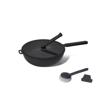 【WOKY 沃廚】恰恰鍋 平底深煎鍋26cm-全配(含鍋蓋+集水鍋架+鍋刷；台灣製無塗層不沾鍋)