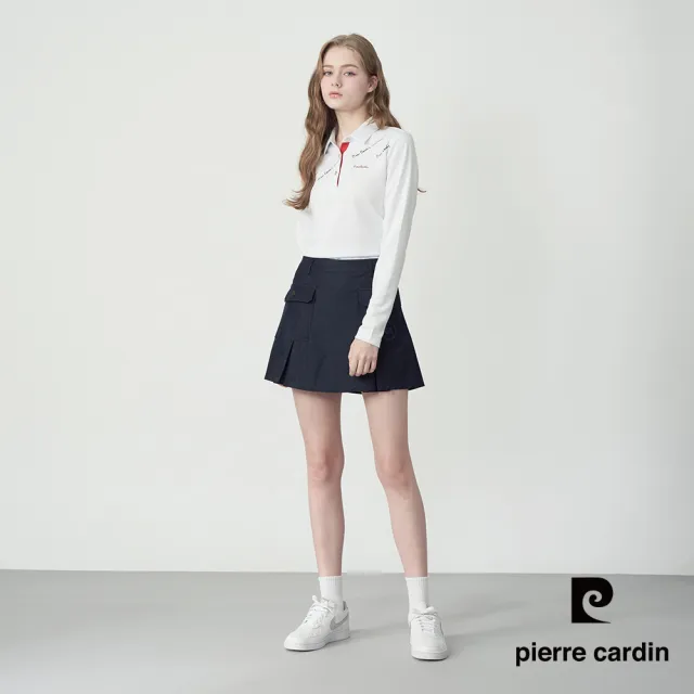【pierre cardin 皮爾卡登】網路獨家 女款 吸濕排汗印花襯衫領長袖POLO衫-白色(8255292-90)