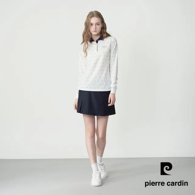【pierre cardin 皮爾卡登】網路獨家 女款 吸濕排汗印花長袖POLO衫-白色(8255291-90)