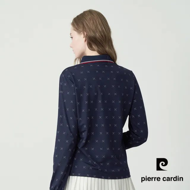 【pierre cardin 皮爾卡登】網路獨家 女款 吸濕排汗印花長袖POLO衫-深藍色(8255291-39)