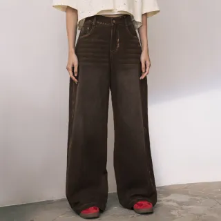 【gozo】A｜復古風線條刷色水洗牛仔寬褲(兩色)