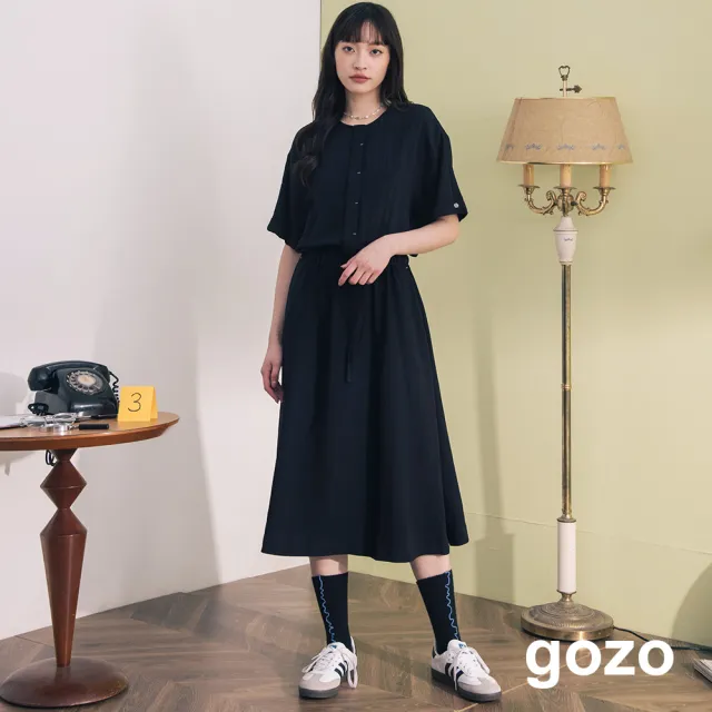 【gozo】半開襟抽繩收腰短袖洋裝(兩色)