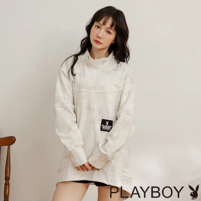 【PLAYBOY】造型領蠟染設計長上衣(灰白色)