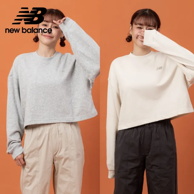 【NEW BALANCE】NB 短版棉質大學T/長袖上衣_女性_杏/灰色_WT51514AG_WT51514LIN(美版 版型偏大)