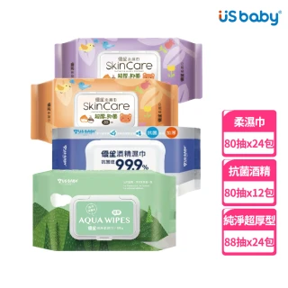 【US BABY 優生】超厚型濕紙巾箱購任選(柔軟80抽24包/酒精80抽12包/維生素C嬰兒柔濕巾80抽24包)