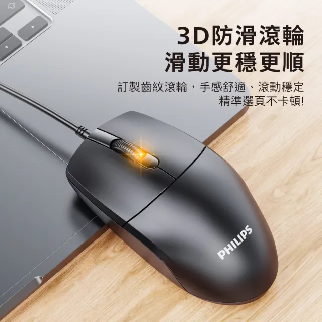 【Philips 飛利浦】耐用三百萬次點擊3鍵式有線滑鼠-SPK7247B