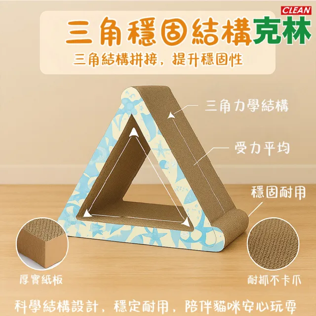 【CLEAN 克林】瞇瞇喵 三角探險板(立體三角 貓咪攀爬樂 貓抓板 造型貓抓板 磨爪板 貓屋 寵物用品 貓玩具)