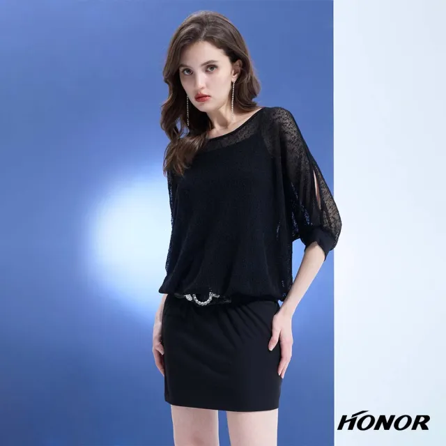 【HONOR 山形屋】出清品 針織透膚鏤空袖層次拼接洋裝-黑(限定出清)