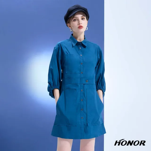 【HONOR 山形屋】出清品 翻領排釦口袋七分袖洋裝-藍(限定出清)