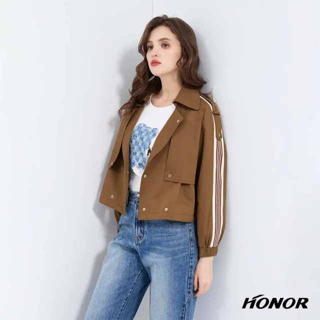 【HONOR 山形屋】出清品 大翻領側線條雙排釦抽繩外套-咖(限定出清)