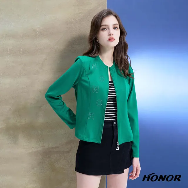 【HONOR 山形屋】出清品 休閒品牌點鑽三角拉鍊外套-黑/綠(限定出清)