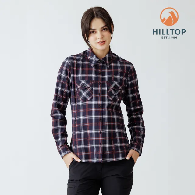 【Hilltop 山頂鳥】吸濕快乾保暖彈性長袖格子襯衫 女款 黑白格｜PC05XF25ECAY