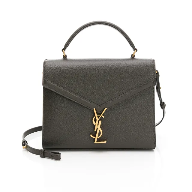 【YSL】Cassandra 粒面皮革 手提/肩背包(暗灰綠/金logo)