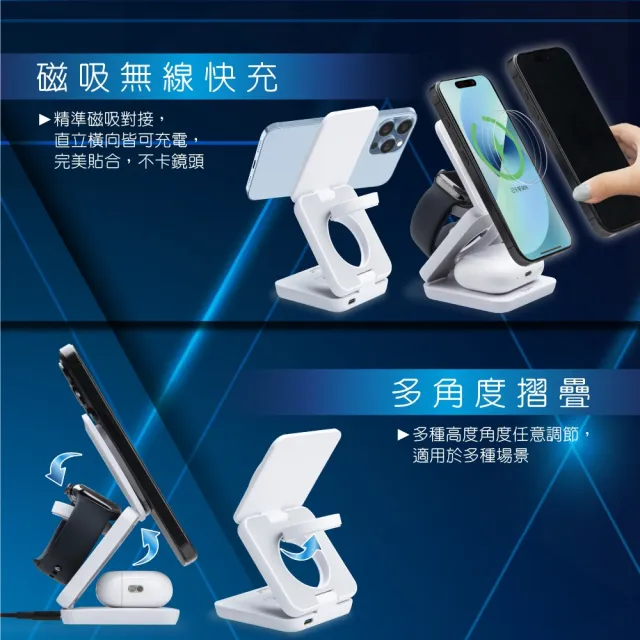 【E-books】E-PCB269 22W三合一支架摺疊磁吸快充無線充電器(台灣製造)