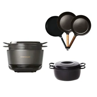 【Vermicular】IH MINI鑄鐵電子鍋-黑+24CM平底鍋+19CM湯鍋(電子鍋/IH電子鍋/鑄鐵鍋/萬用鍋/平底鍋/不沾鍋)