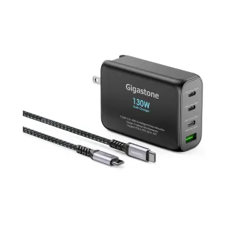 【GIGASTONE 立達】130W GaN氮化鎵四孔充電器黑+C to C 100W快充傳輸線(iPhone17/MacBook筆電/快充充電頭)