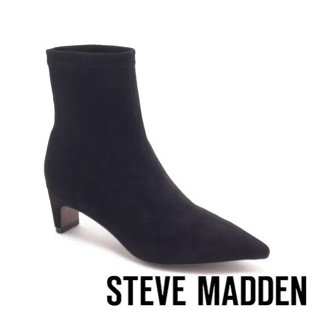 【steve madden】絨面尖頭粗跟短靴 TWKLOE(黑色)
