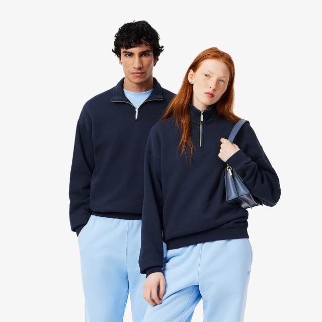 【LACOSTE】中性款-高領拉鍊領長袖大學T(海軍藍)