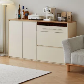 【hoi! 好好生活】林氏木業北歐簡約拼色拉門三抽矮餐櫃1.6M UT2T 原木色+白色