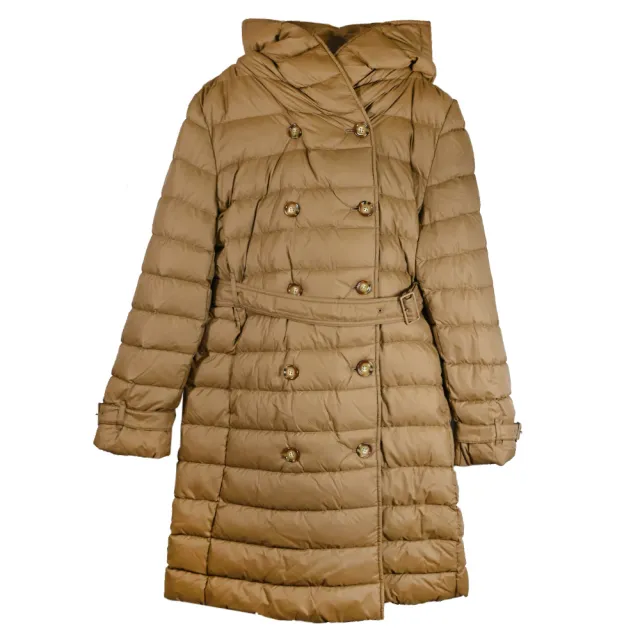 【BURBERRY 巴寶莉】WITLEY 英系英倫風繫腰帶連帽長版輕便羽絨外套(咖)
