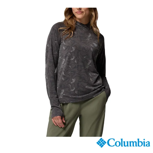 【Columbia 哥倫比亞】女款-防曬UPF30快排連帽上衣-PFG Uncharted™-黑色印花(UFK25750FD/JF)