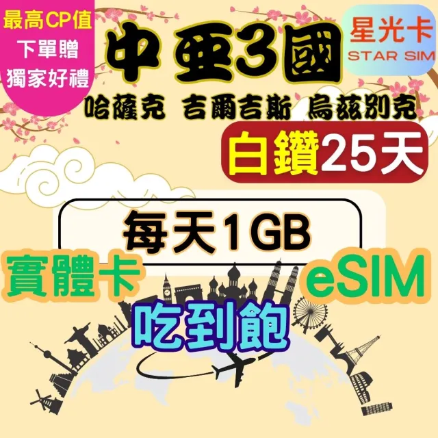 【Star SIM 星光卡】白鑽中亞 哈薩克斯坦 吉爾吉斯坦 烏茲別克斯坦25天每天1GB 吃到飽(實體卡  eSIM)