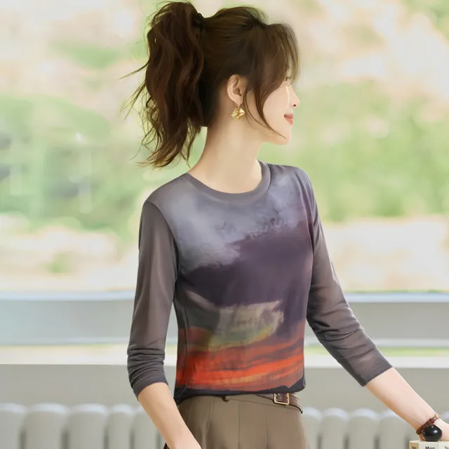 【LANNI 藍尼】★渲染拼接可內搭外穿上衣(女裝/女上衣/休閒/圓領/長袖/日系/復古)