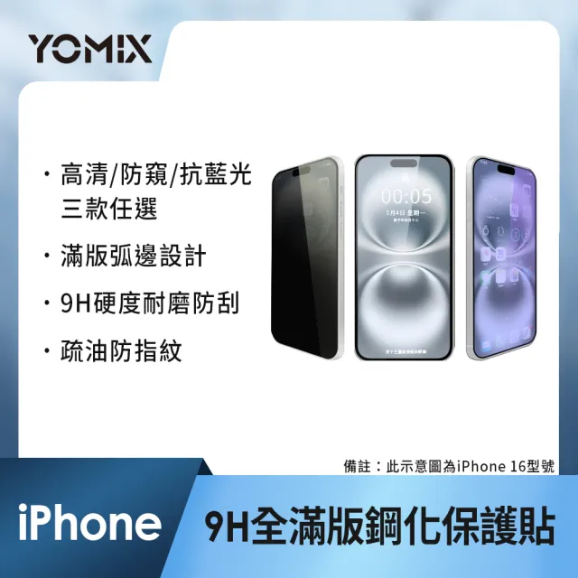 【YOMIX 優迷】iPhone 17 16 15 14 13/Air/ 17Pro/ 17 Pro Max 9H全滿版高清/抗藍光/防窺保護貼