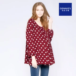 【Gennies 奇妮】酒紅色圓點點哺乳上衣(孕婦裝 圓領 長袖 側開哺乳)