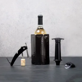 【VACU VIN】軟冰桶+開酒瓶塞注酒抽真空組 黑 / 開酒器 開瓶器 瓶塞 酒塞 鋁箔刀 冰酒桶