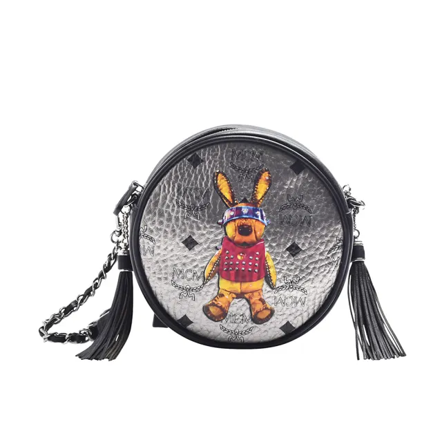 【MCM】經典Rabbit Tambourine bag系列兔子圖騰圓餅拉鍊斜背包(Small-銀色MWR-5AXL36-SV001)