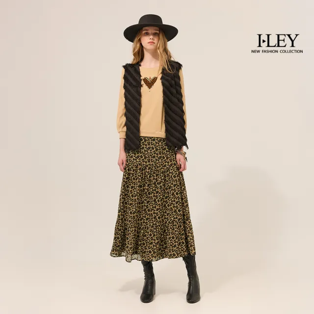 【ILEY 伊蕾】復古豹紋剪接蛋糕雪紡長裙(深咖；M-XL；1253662205)