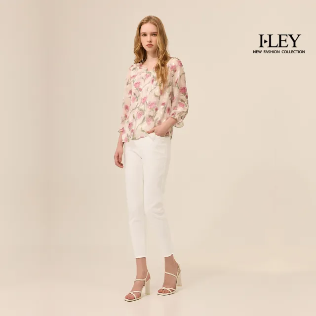 【ILEY 伊蕾】褲腳抽鬚棉質窄管丹寧褲(白；M-XL；1254388608)