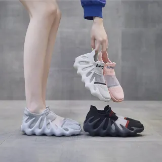 【J&H collection】彈性高透氣吸汗飛織襪子鞋 跑步鞋 休閒鞋(黑色／灰色／米色／粉色)