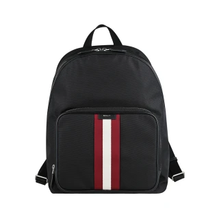 【BALLY】BALLY Code 銀漆英文LOGO紅白紅織帶尼龍後背包(黑)