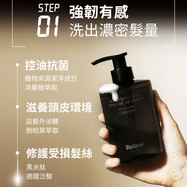 【Relove】黑泌肽12%養髮組(豐盈洗髮精450ml晨柑朝露香+12%養髮液100ml)頭皮水 頭皮護理 頭皮精華