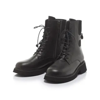 【FAIR LADY】小時光 率性拼接織帶後釦中筒軍靴(黑、7M3108)