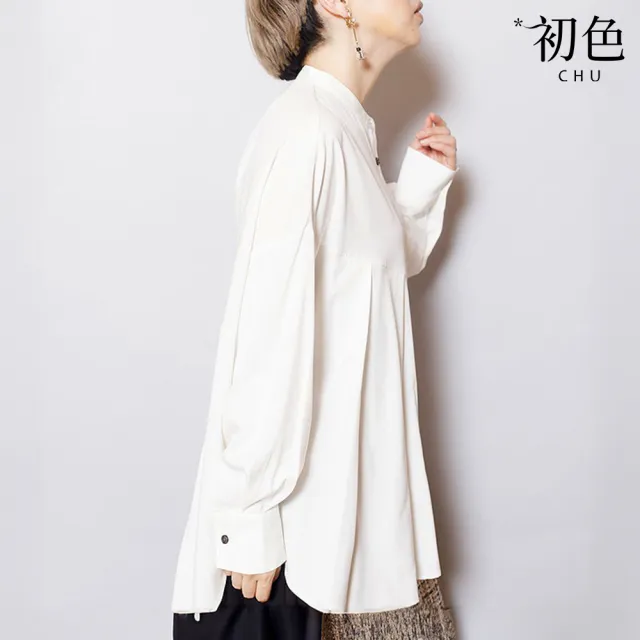 【初色】日系純色立領長袖單排扣褶皺寬鬆襯衫上衣女上衣-白色-15978(F可選)