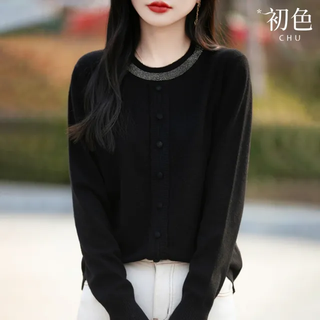 【初色】純色圓領燙鑽長袖針織毛衣內搭打底衫上衣女上衣-共7色-15919(M-3XL可選)