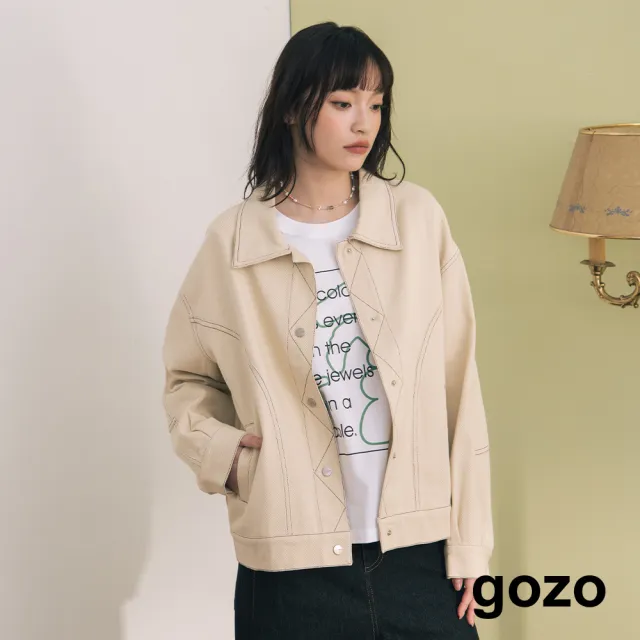 【gozo】MOMO獨家款★限量開賣 配色壓線口袋撞色刺繡襯衫外套(兩色)