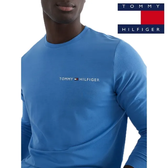 【Tommy Hilfiger】男生圓領 長袖 上衣 柔軟彈力針織運動衫 薄款素面標誌 T恤 休閒圓領衫 長T(黎明藍)