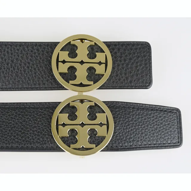 【TORY BURCH】TORY BURCH Miller雙T金字圓形LOGO小牛皮釦式雙面皮帶(女款/黑x焦糖棕)
