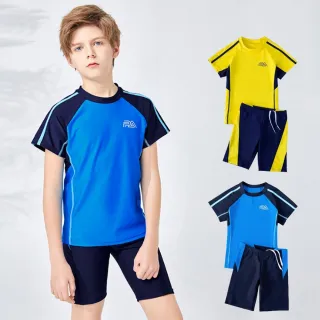 【橘魔法】大童 線條PA字母運動插肩泳衣+五分泳褲(泳裝 二件式 游泳課 學生泳衣 中性款 男童 女童)