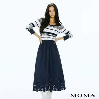 【MOMA】窈窕少女條紋鏤空雕花冰爽絲長洋裝(藍底花布)