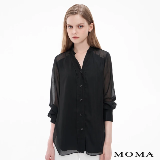 【MOMA】輕薄細直紋泡泡袖雪紡襯衫(黑色)