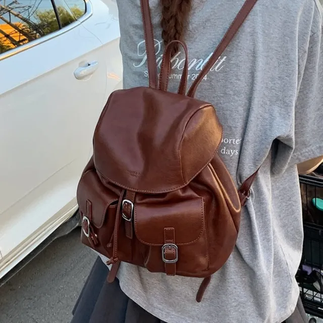 【baibeauty 白鳥麗子】甜美素色皮革抽繩翻蓋水桶雙肩後背包(後背包)